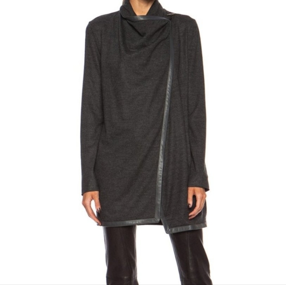 Helmut Lang Wool Leather Trim Black Drape Cowl Neck Cardigan Jacket Sz P *READ* - Picture 1 of 16